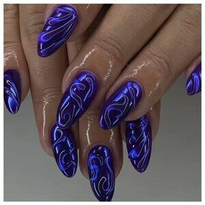 NWT Press On Nails Fall Blue & Black Squiggly Fake False Nails